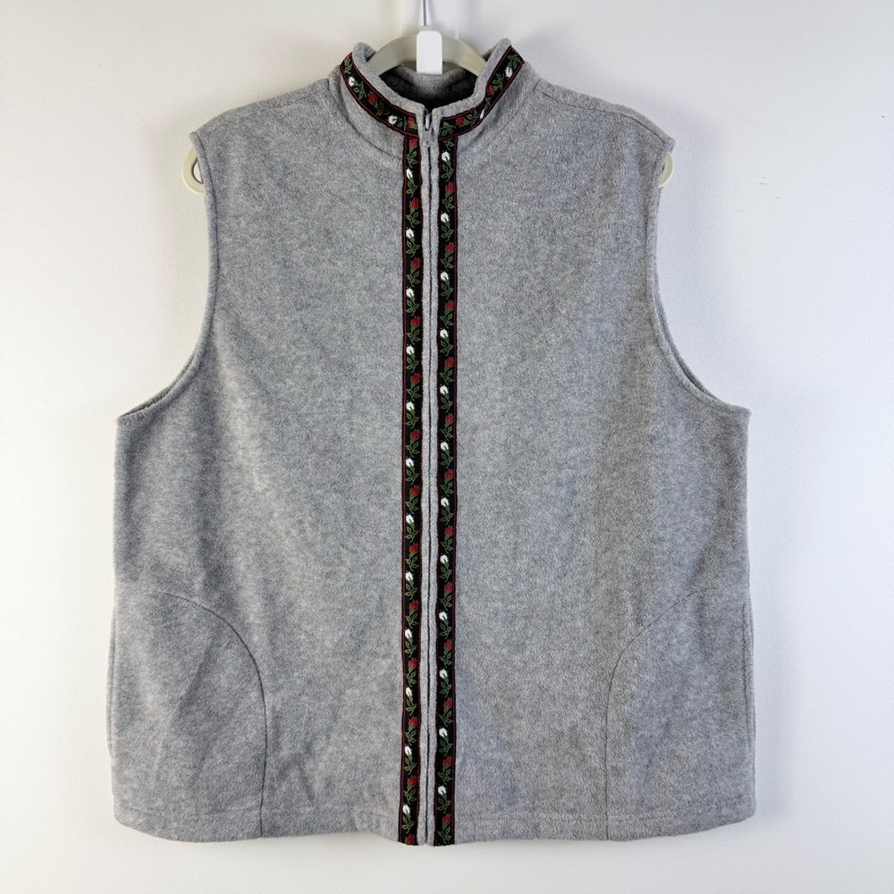 Susan Graver QVC Polar Fleece Vest Grey Floral Medium Trim Cozy Soft NWT New